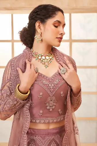 Light-Pink Cording & Thread Embroidered With Stone Work Lehenga Choli For Bride