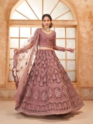 Light-Pink Cording & Thread Embroidered With Stone Work Lehenga Choli For Bride 3