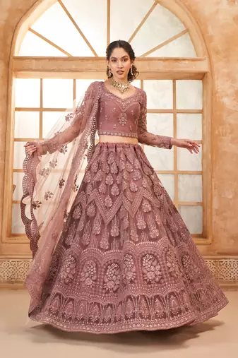 Light-Pink Cording & Thread Embroidered With Stone Work Lehenga Choli For Bride