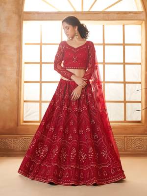 Dark-Red Cording & Thread Embroidered With Stone Work Lehenga Choli 1