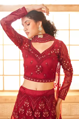 Dark-Red Cording & Thread Embroidered With Stone Work Lehenga Choli