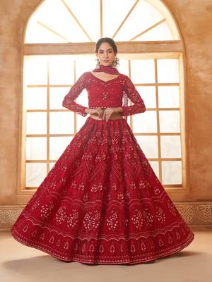 Dark-Red Cording & Thread Embroidered With Stone Work Lehenga Choli 3