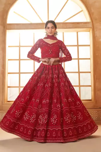 Dark-Red Cording & Thread Embroidered With Stone Work Lehenga Choli