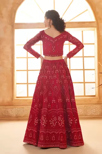 Dark-Red Cording & Thread Embroidered With Stone Work Lehenga Choli