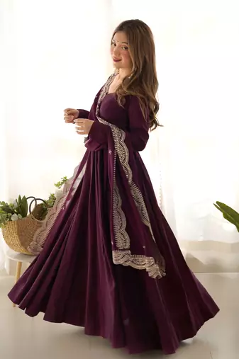 Roman Silk Chanderi Fabric Fully Flair Gown, With Duppta And Pent