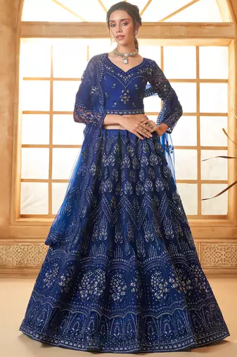 blue net thread work wedding lehenga