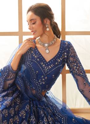 blue net thread work wedding lehenga 3