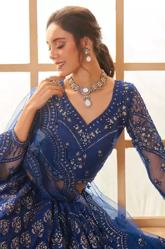 blue net thread work wedding lehenga