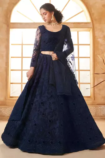 blue net thread work wedding lehenga
