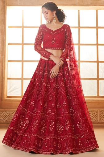 red net thread work wedding lehenga