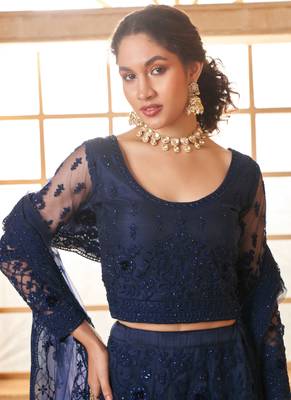 blue net thread work wedding lehenga 3