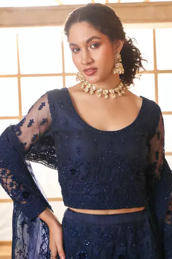 blue net thread work wedding lehenga