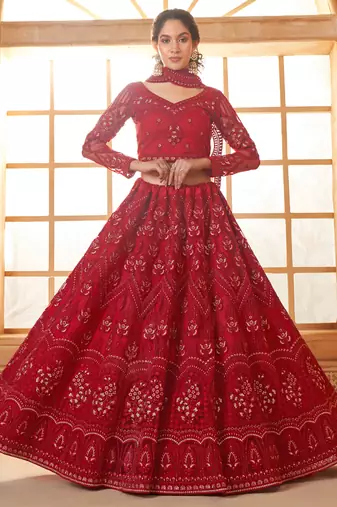 red net thread work wedding lehenga