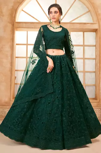 green net thread work wedding lehenga