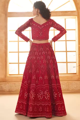 red net thread work wedding lehenga