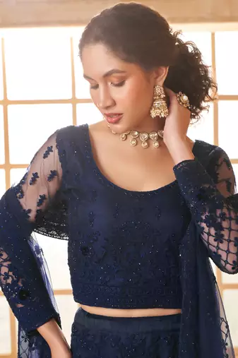 blue net thread work wedding lehenga