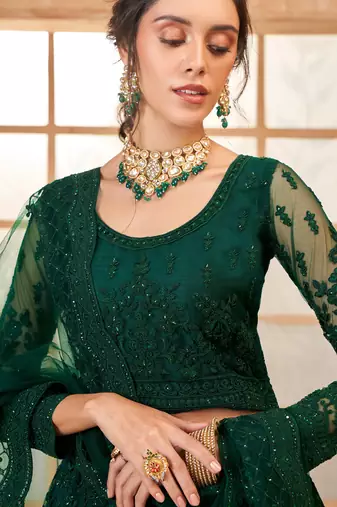 green net thread work wedding lehenga