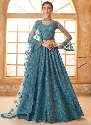 aqua blue net thread work wedding lehenga 1