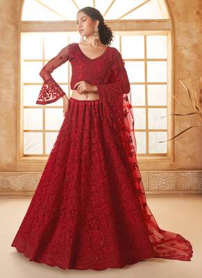 red net thread work wedding lehenga 1
