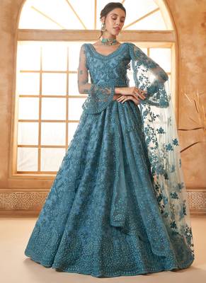 aqua blue net thread work wedding lehenga 2