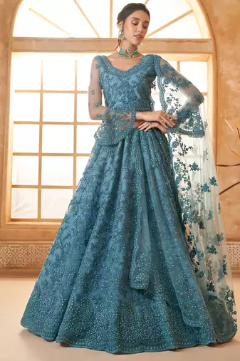 aqua blue net thread work wedding lehenga