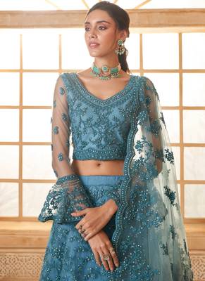 aqua blue net thread work wedding lehenga 3