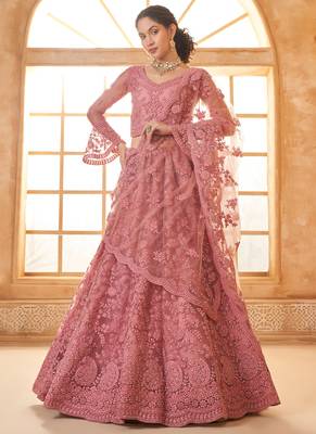 peach net thread work wedding lehenga 1
