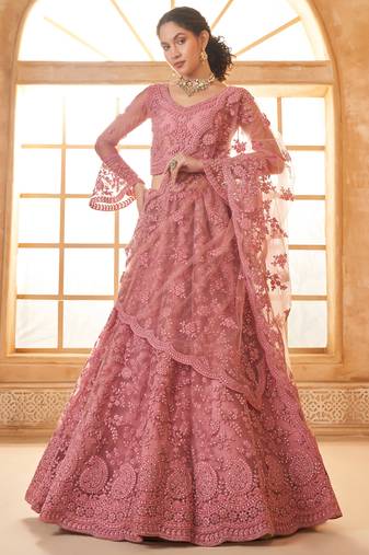 peach net thread work wedding lehenga
