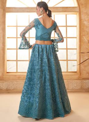 aqua blue net thread work wedding lehenga 4