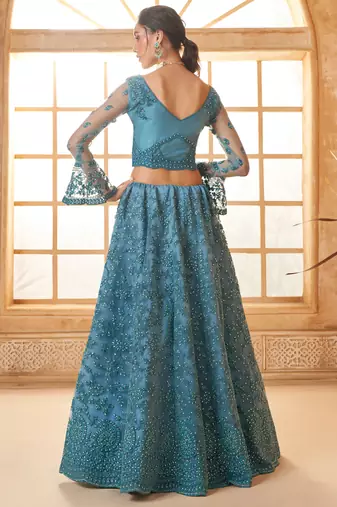 aqua blue net thread work wedding lehenga