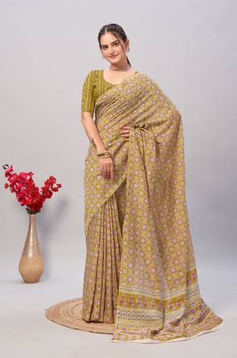Soft cotton handicraft ajrakh print saree with blouse piece