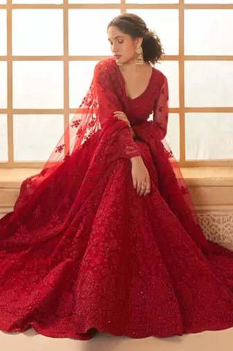 red net thread work wedding lehenga
