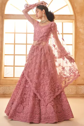 peach net thread work wedding lehenga