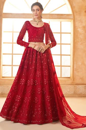 red net thread work wedding lehenga