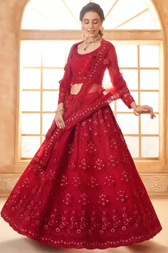 red net thread work wedding lehenga