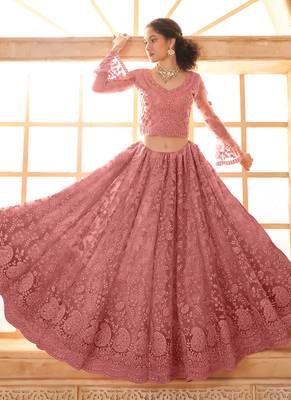 peach net thread work wedding lehenga 3