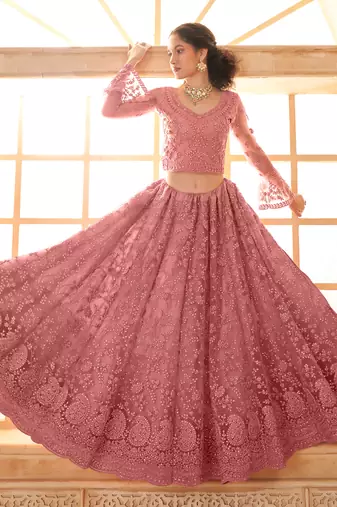 peach net thread work wedding lehenga