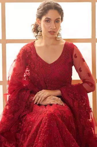 red net thread work wedding lehenga