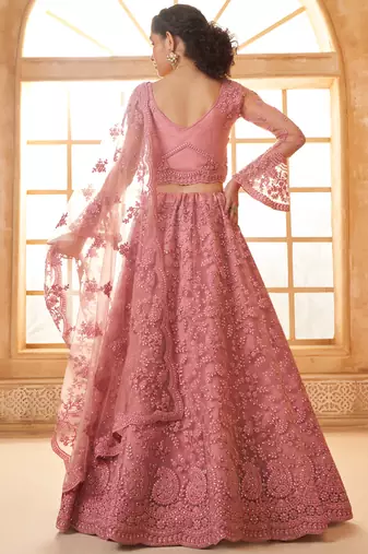 peach net thread work wedding lehenga