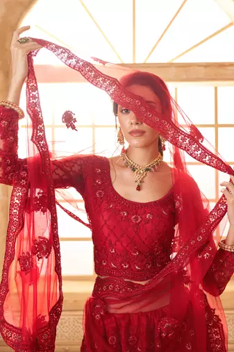 red net thread work wedding lehenga