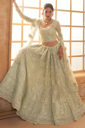 light green net thread work wedding lehenga