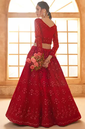 red net thread work wedding lehenga