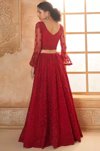 red net thread work wedding lehenga