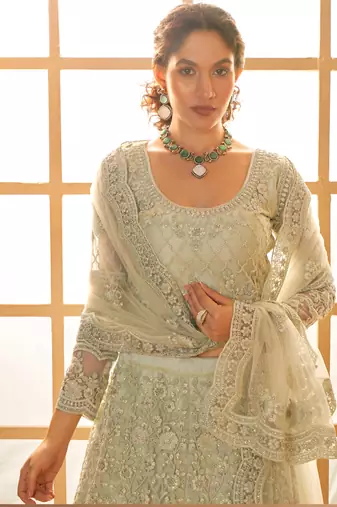 light green net thread work wedding lehenga