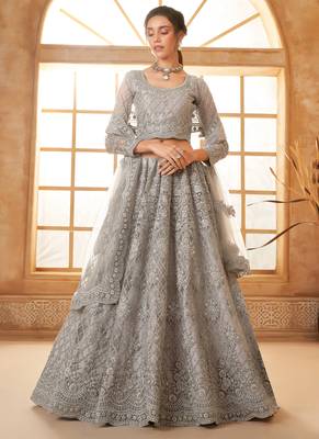grey net thread work wedding lehenga 1