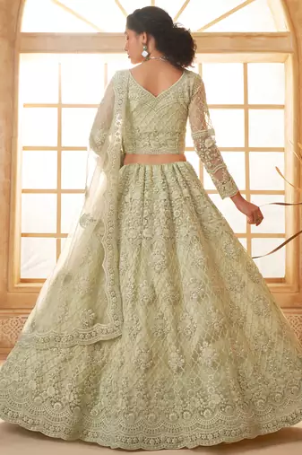 light green net thread work wedding lehenga