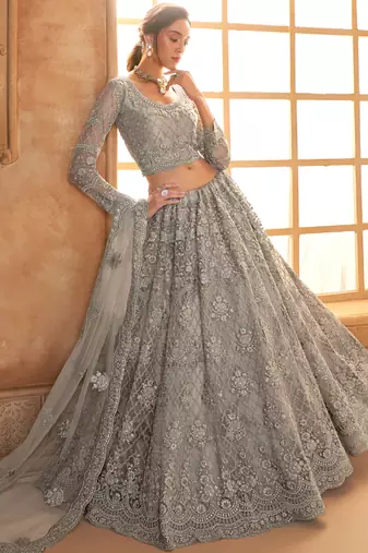 grey net thread work wedding lehenga