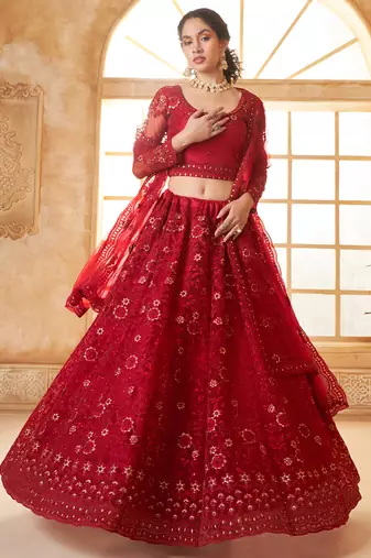 red net thread work wedding lehenga