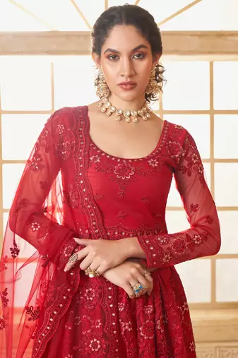 red net thread work wedding lehenga