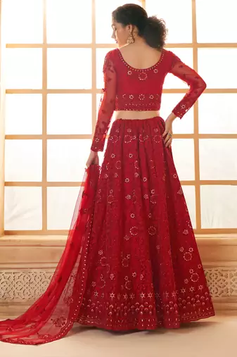 red net thread work wedding lehenga
